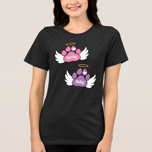 Pink & Lila Paws Angel Wings 2 Hunde Gedenkstätte Tri-Blend Shirt (Vorderseite)