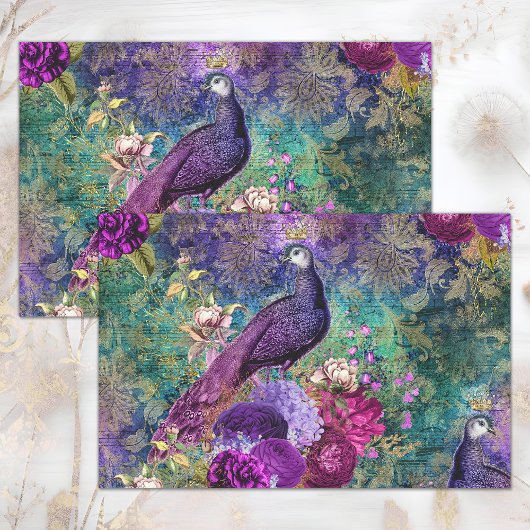 PINK LILA PEACOCK FLORAL COLLAGE DECOUPAGE SEIDENPAPIER