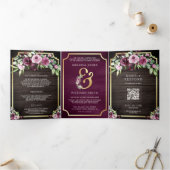 Pink Lila PflaumenAmpersand Holz QR Hochzeit Dreifach Gefaltete Einladung (Innenseite)