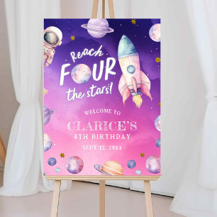 Pink Lila Planet Space Girl's Birth Welcome Sign Poster