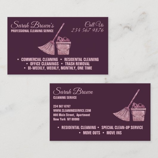 Pink Lila Reinigungsdienst Haushaltshilfe Janitori Visitenkarte (Vorne/Hinten)