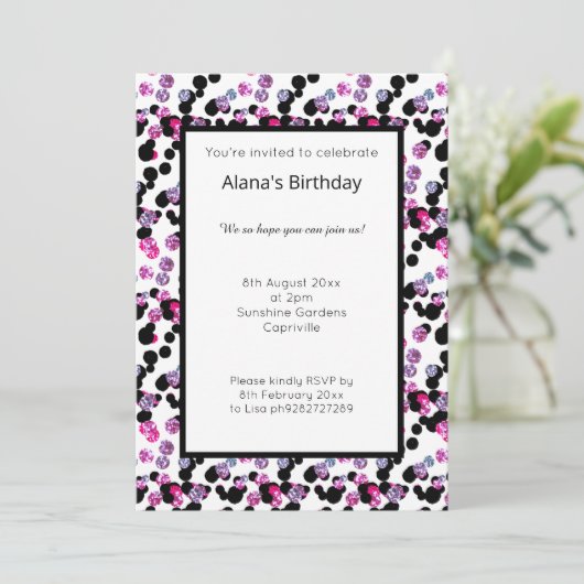 PINK LILA SCHWARZER LEOPARD SPOT PATTERN GEBURTSTA EINLADUNG (Stehend Vorderseite)
