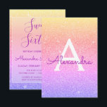 Pink Lila Sparkle Glitzer 16 . Geburtstag Geburtst Einladung<br><div class="desc">Girly Pink,  Lila Gold und Orange Ombre Pastel Gold Sparkle Glitzer 16 . Geburtstag Monogram Name und Erstgeburtstag Party Einladung. Diese Einladung ist ideal für die Pastel Sparkle Glitzer Sweet 16 Geburtstagsparty,  die in Gold feiern möchten.</div>
