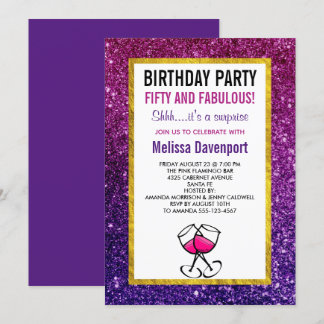 Pink & Lila Sparkle Glitzer 50. Geburtstagsparty Einladung