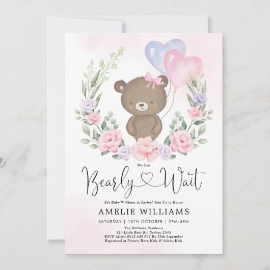 Pink Lila Teddy Bear Balloons Girl Baby Dusche Einladung (Vorderseite)