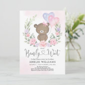 Pink Lila Teddy Bear Balloons Girl Baby Dusche Einladung (Stehend Vorderseite)