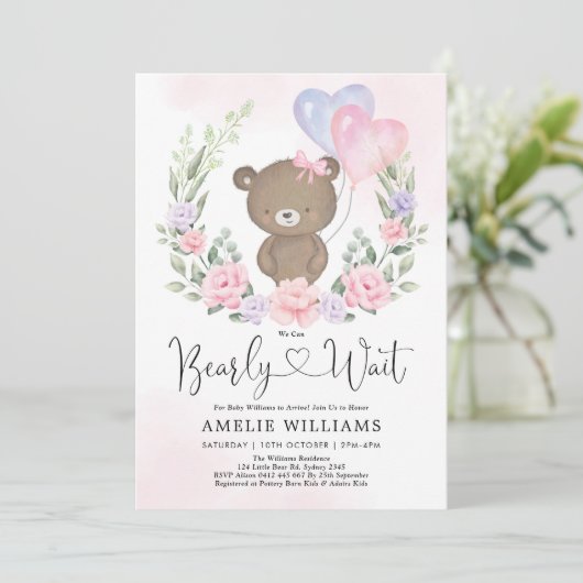 Pink Lila Teddy Bear Balloons Girl Baby Dusche Einladung (Stehend Vorderseite)