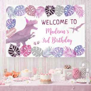 Pink Lila Three Rex Girl Dinosaurier Geburtstag Banner