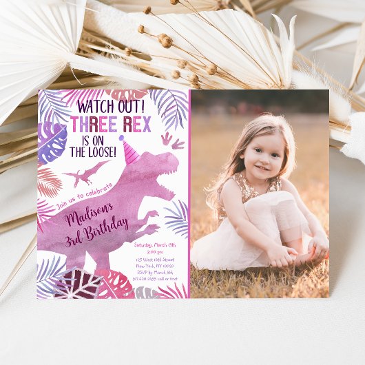 Pink Lila Three Rex Girl Dinosaurier Geburtstag Einladung