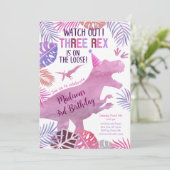 Pink Lila Three Rex Girl Dinosaurier Geburtstag Einladung (Stehend Vorderseite)