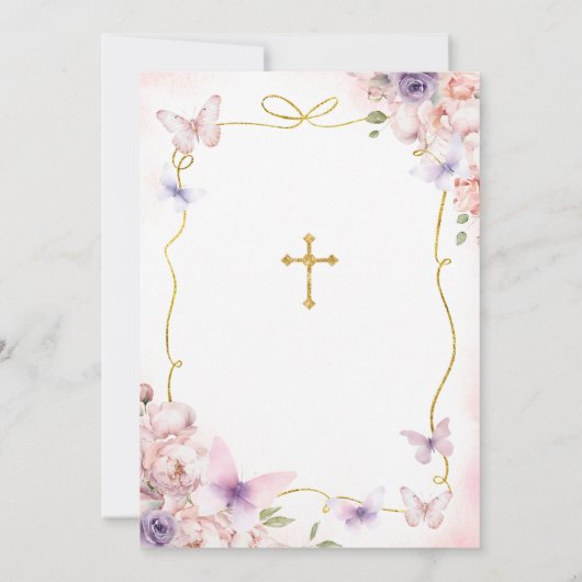 Pink & Lila Twin Girl Bibel Primera Comunión Einladung (Rückseite)