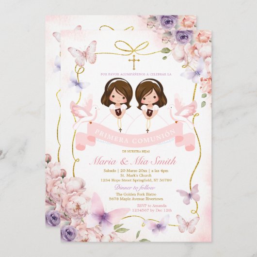 Pink & Lila Twin Girl Bibel Primera Comunión Einladung (Vorne/Hinten)