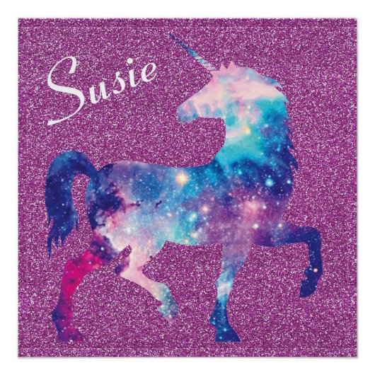Pink Lila Unicorn Glitzer Name Poster (Vorderseite)