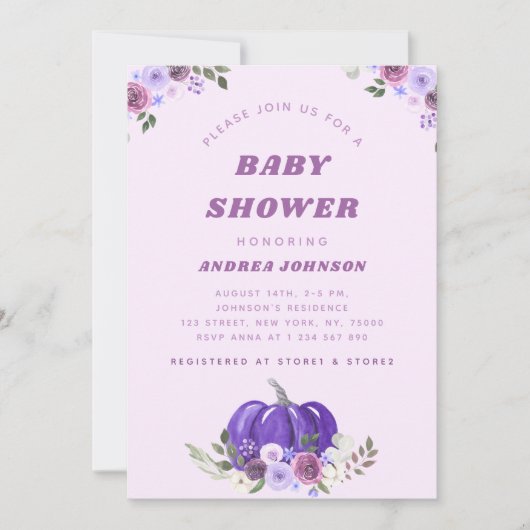 Pink Lila Watercolor Blumenkürbis Kinderdusche Einladung (Vorderseite)