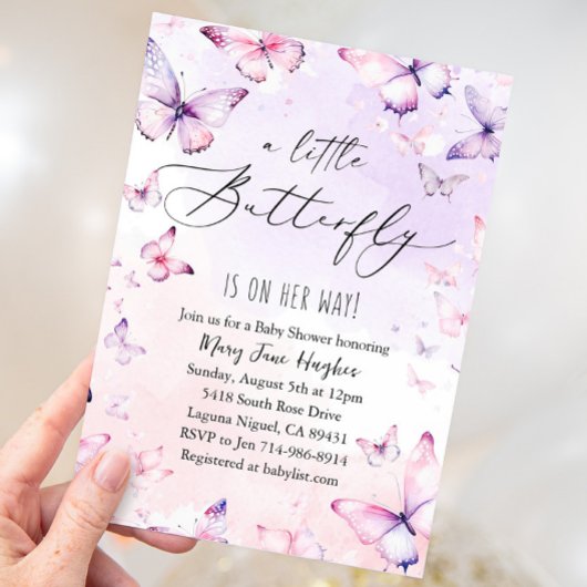 Pink Lila Watercolor Butterfly Babydusche Einladung