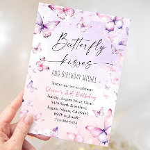 Pink Lila Watercolor Butterfly Kisses Birthday
