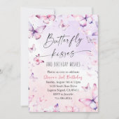 Pink Lila Watercolor Butterfly Kisses Birthday Einladung (Vorderseite)