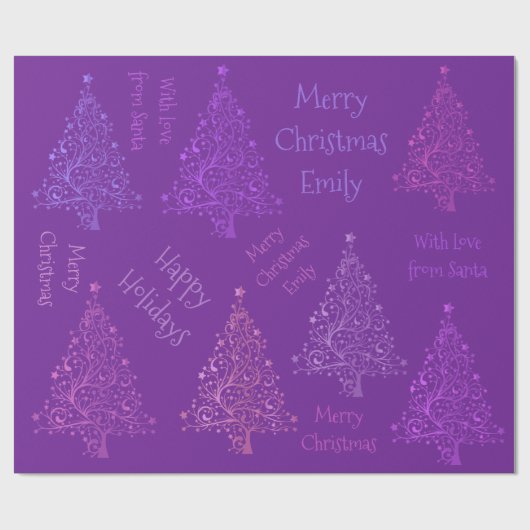 Pink Lila Weihnachtsbaummuster mit Name Geschenkpapier (Flach)