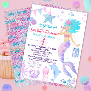 Pink Lila Whimsical Girl 1. Mermaid Geburtstag Einladung