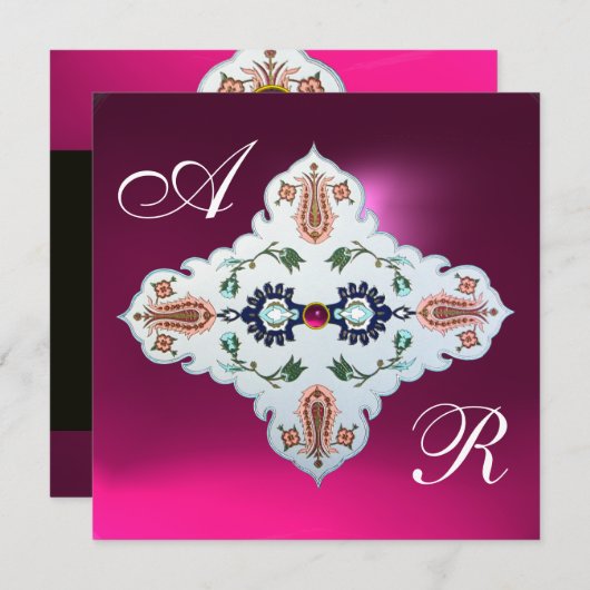 PINK LILA WHITE DAMASK MONOGRAM Amethyst Fuchsia Einladung (Vorne/Hinten)