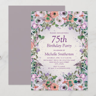 Pink Lilac Lila Watercolor Floral 75. Geburtstag Einladung