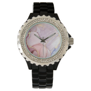 PINK LILAC MARBLE DESIGN BLACK SPARKLE WATCH ARMBANDUHR