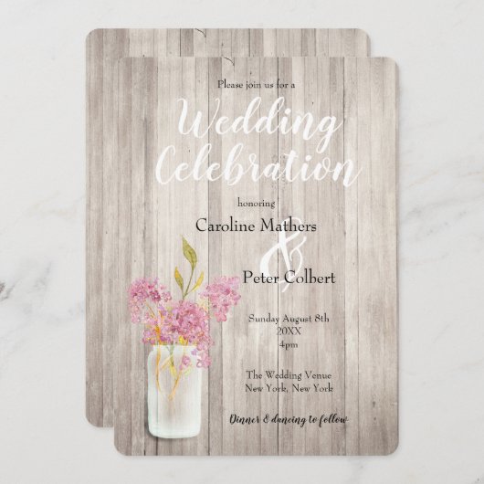 Pink Lilac Mason Jar Barn Wood Rustikale Hochzeit Einladung (Vorne/Hinten)