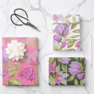 Pink Lilac Wasserfarbe Blume Handgemalt Geschenkpapier Set