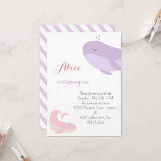 Pink Lilac Whale Sea Fish 1. Geburtstag Party Einladung