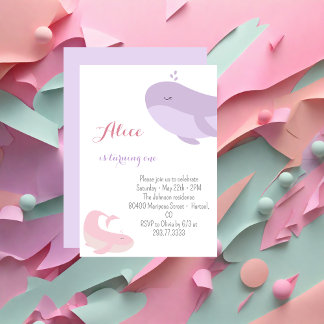 Pink Lilac Whale Sea Fish 1. Geburtstag Party Einladung