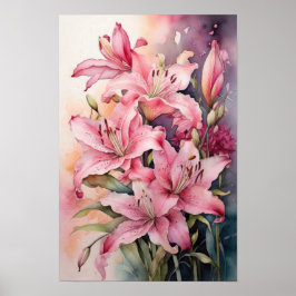 Pink Lilie - Aquarellfarben Blume - Blumenstrauß Poster