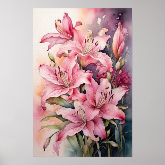 Pink Lilie - Aquarellfarben Blume - Blumenstrauß Poster (Vorne)