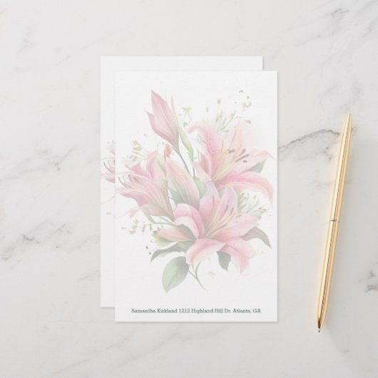 Pink Lilies Custom Stationery Briefpapier (Vorderseite/Rückseite Beispiel)