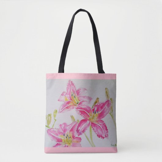 Pink Lilies Floral Wasserfarbe Totbeutel Tasche (Vorderseite)