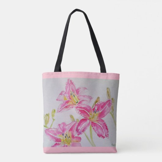 Pink Lilies Floral Wasserfarbe Totbeutel Tasche (Rückseite)
