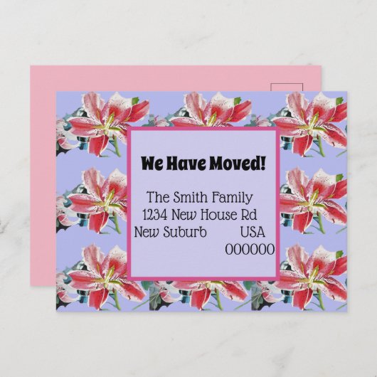 Pink Lilies neue Adresse Postcard, wir bewegen uns Postkarte (Vorne/Hinten)