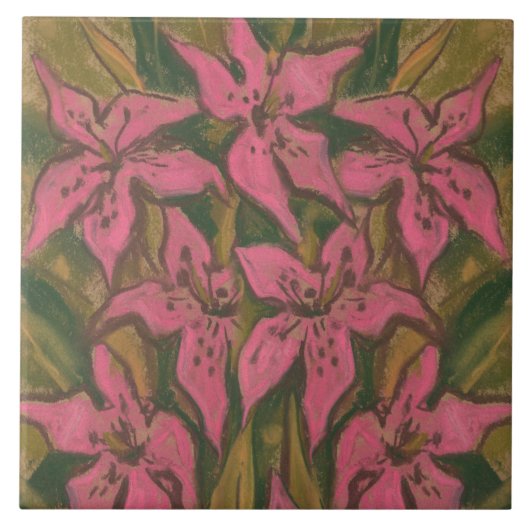 Pink Lilies, pastellfarbene Malerei, Blume, Blumen Fliese (Vorderseite)