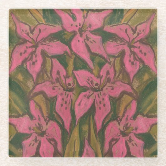 Pink Lilies, pastellfarbene Malerei, Blume, Blumen Glasuntersetzer (Vorderseite)