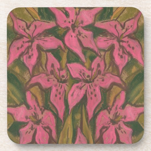 Pink Lilies, pastellfarbene Malerei, Blume, Blumen Untersetzer (Vorderseite)