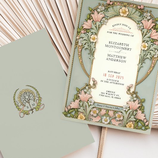 Pink Lilies Spring Art Nouveau Hochzeit Einladung