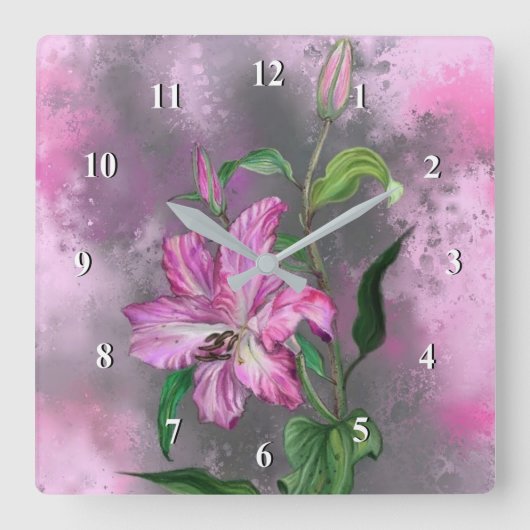 Pink Lilies Wall Clock Quadratische Wanduhr (Vorderseite)