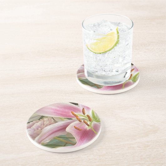 Pink Liliy & Peony Sandstone Untersetzer (Seite)