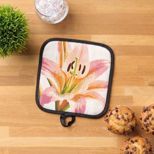 Pink Lily Blume | Aquarellfarbene Blütenmalerei Topflappen (Oben Unten)