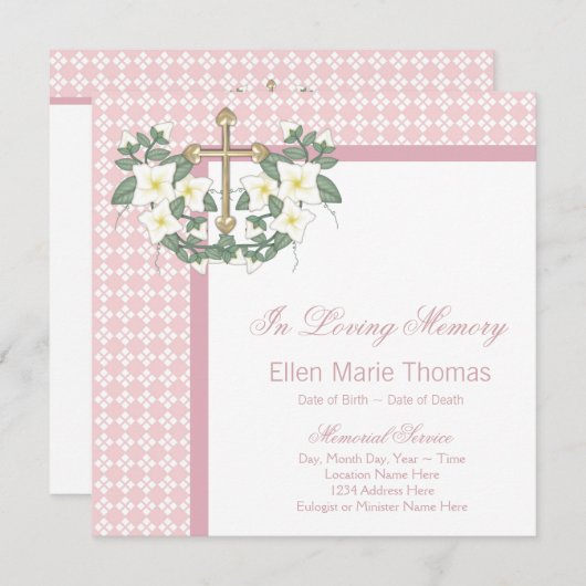 Pink Lily Cross in Love Memory Memorial Einladung (Vorne/Hinten)