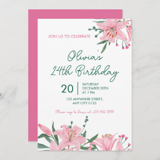 Pink Lily Garden Birthday Party Invitation Einladung