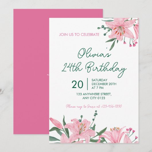 Pink Lily Garden Birthday Party Invitation Einladung (Vorne/Hinten)