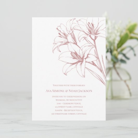 Pink Lily Kontur Wedding Einladung (Stehend Vorderseite)