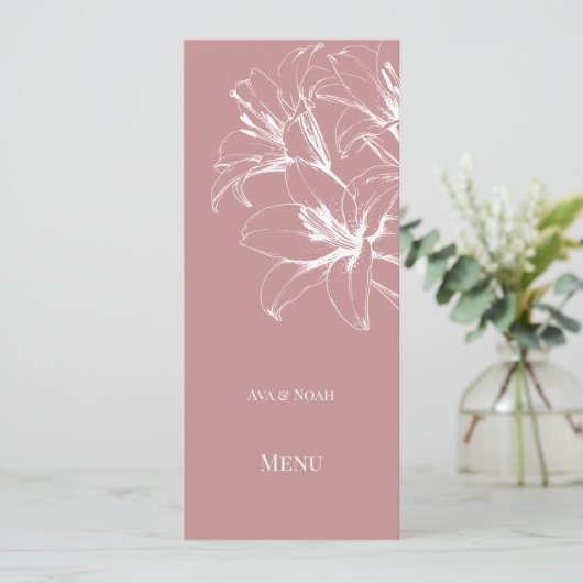 Pink Lily Kontur Wedding Menükarte (Stehend Vorderseite)