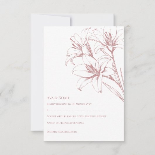 Pink Lily Kontur Wedding RSVP Karte (Vorderseite)