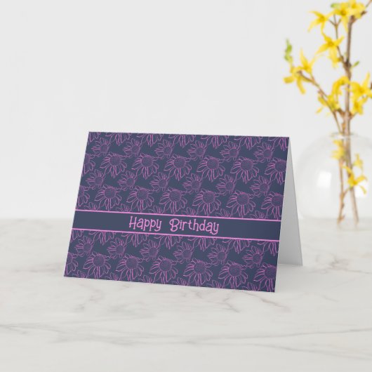 Pink Line Blume Muster Blue Happy Birthday Karte (Gelbe Blume)
